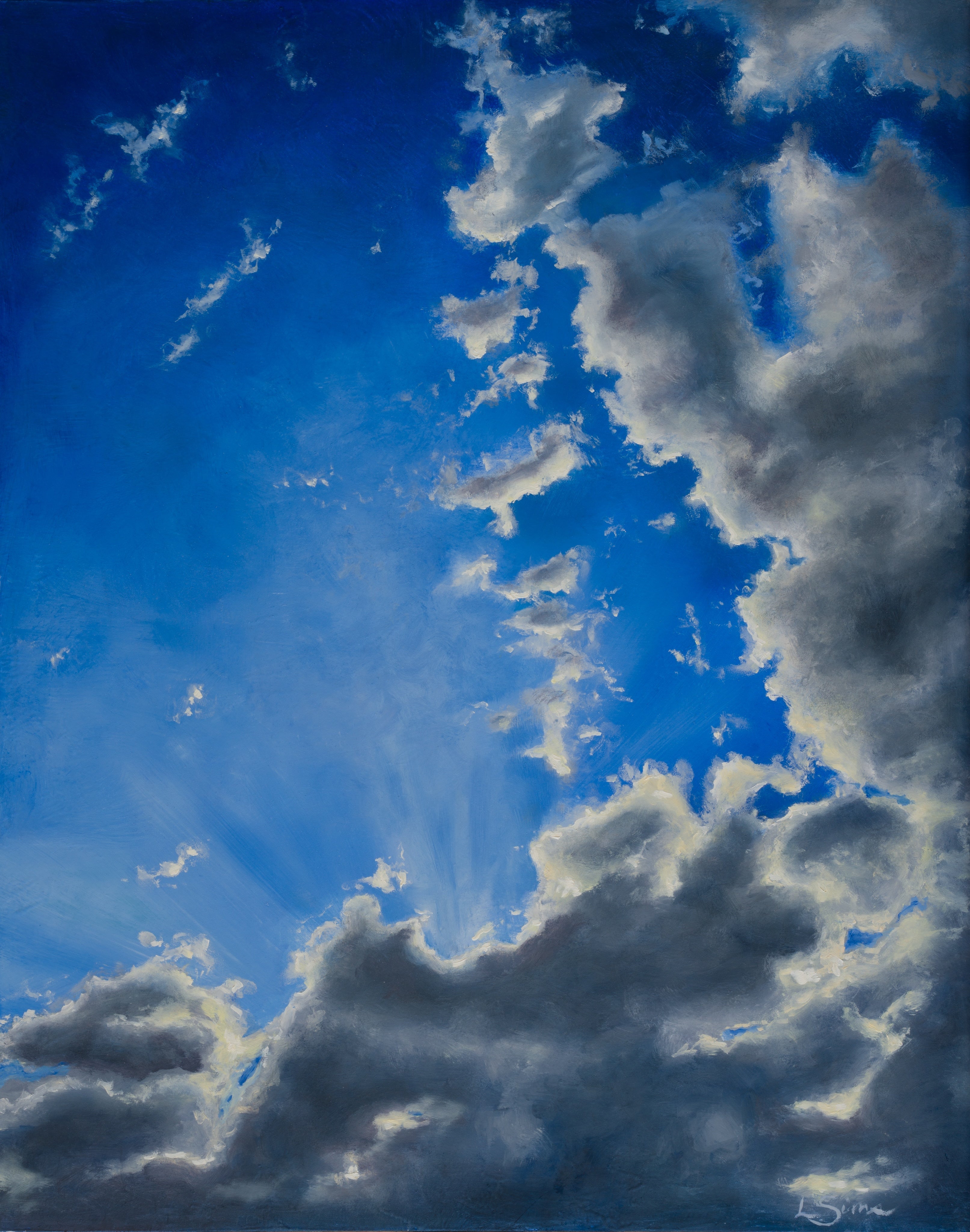 Oil painting of clouds parting to reveal bright blue sky and light rays shining through.