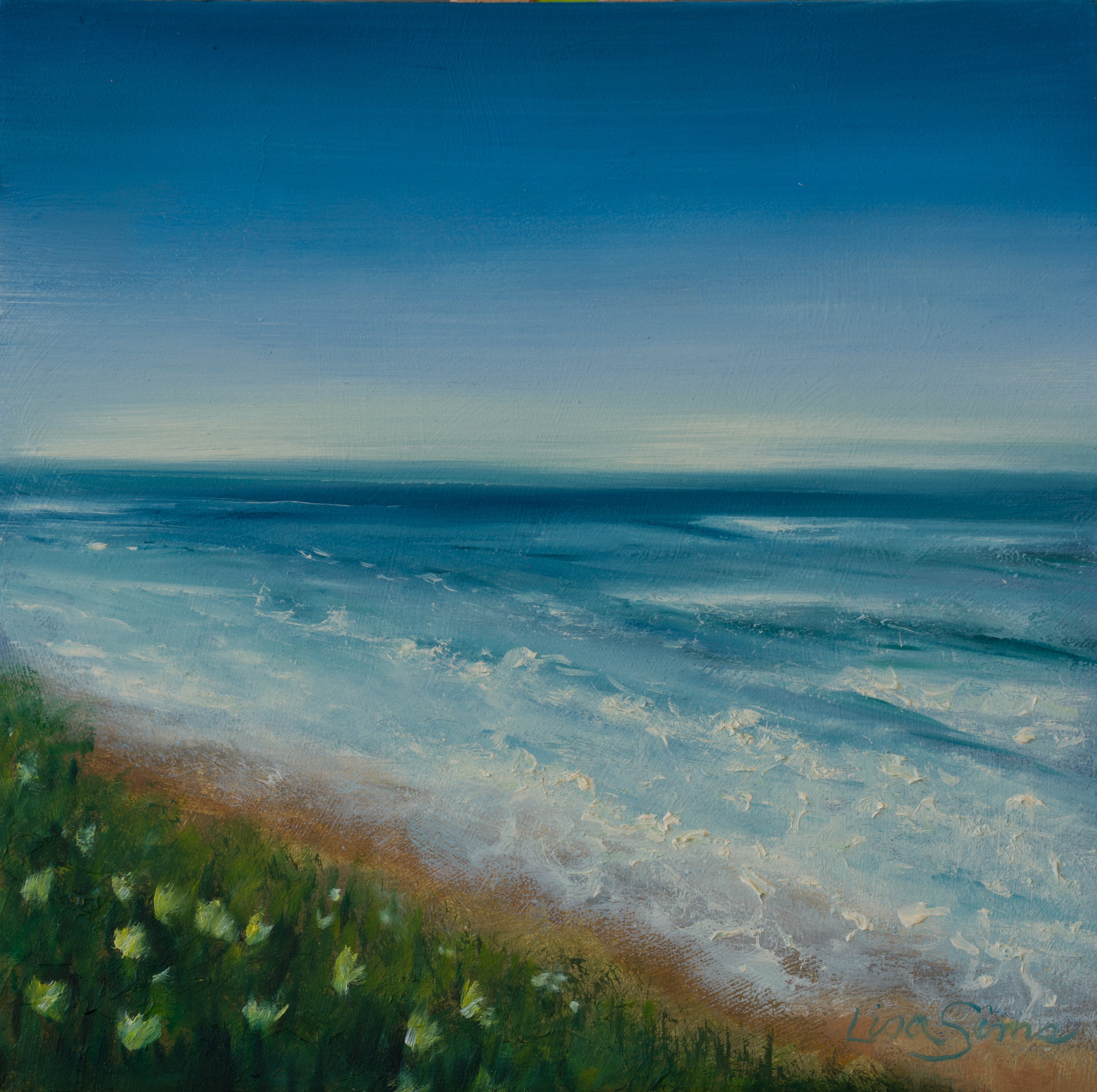 Oil painting of blue ocean waves rolling toward a sandy shore with green coastal plants in the foreground