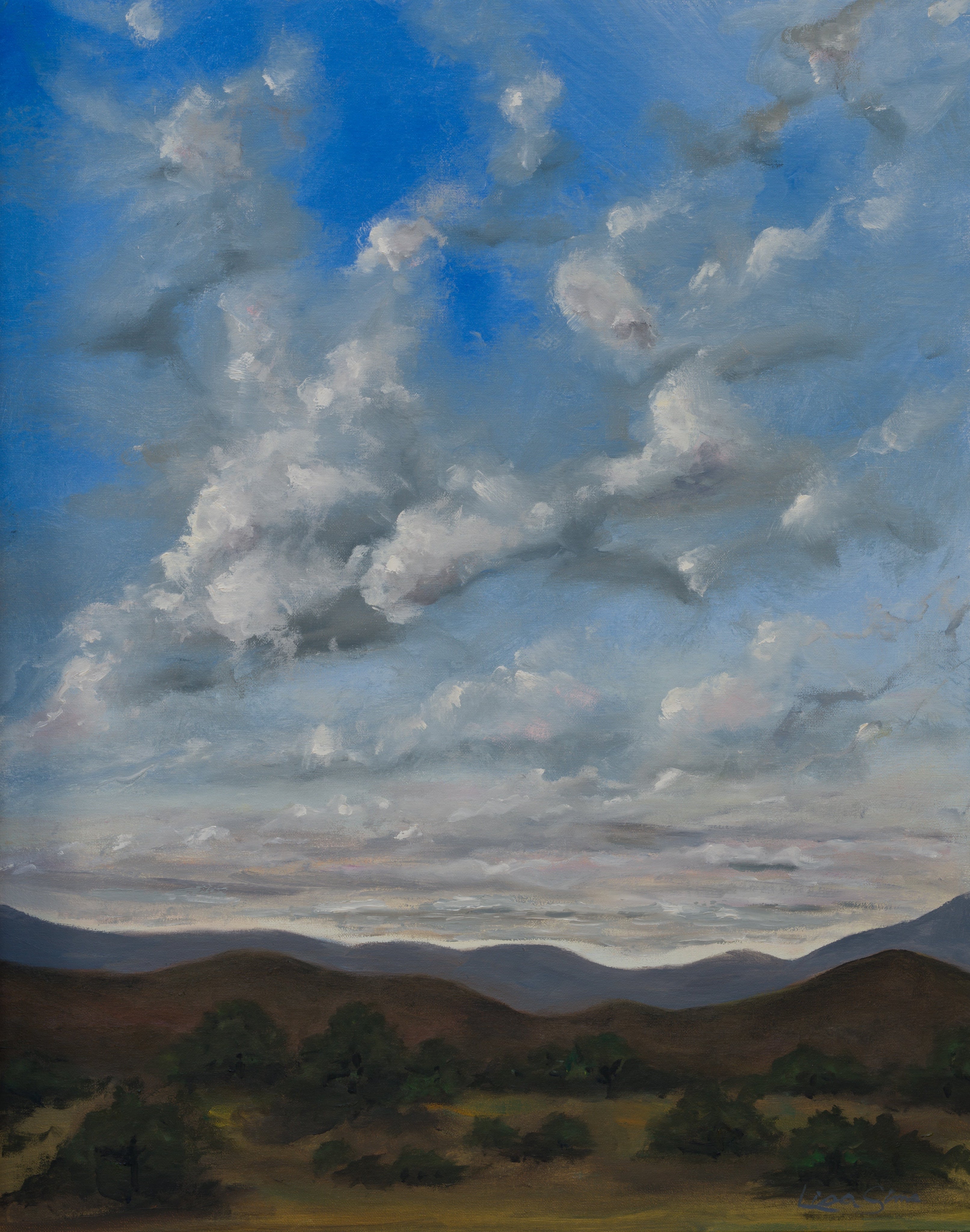 Oil painting of clouds in a blue sky above Texas Hill Country trees and landscape.