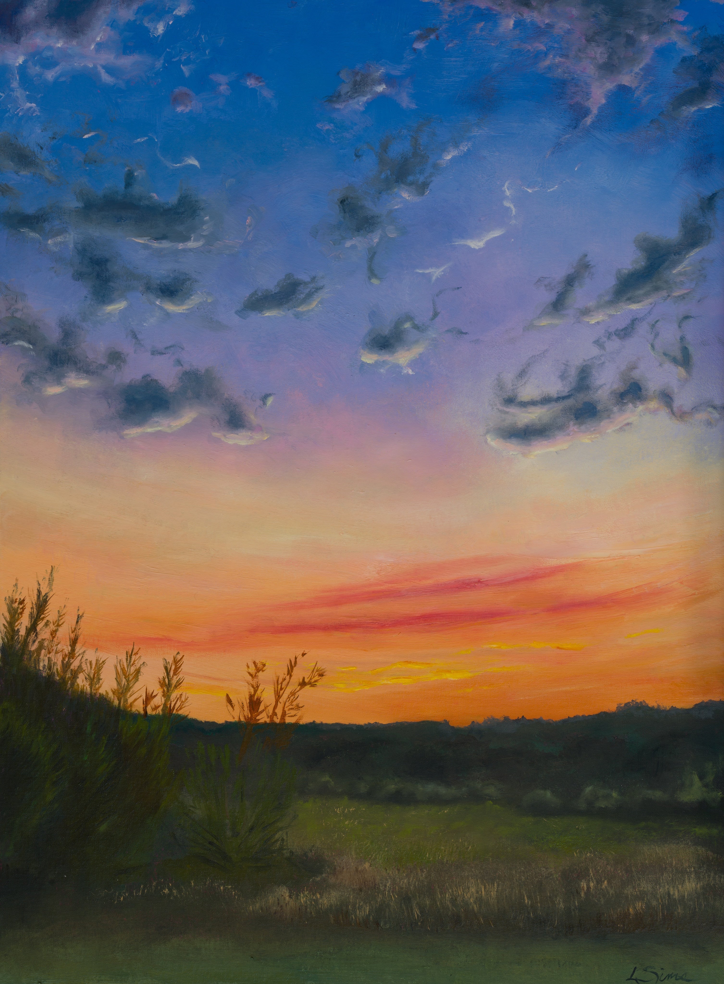 Oil painting of dusk sky with clouds drenched in warm orange, pink, and blue tones fading toward night.