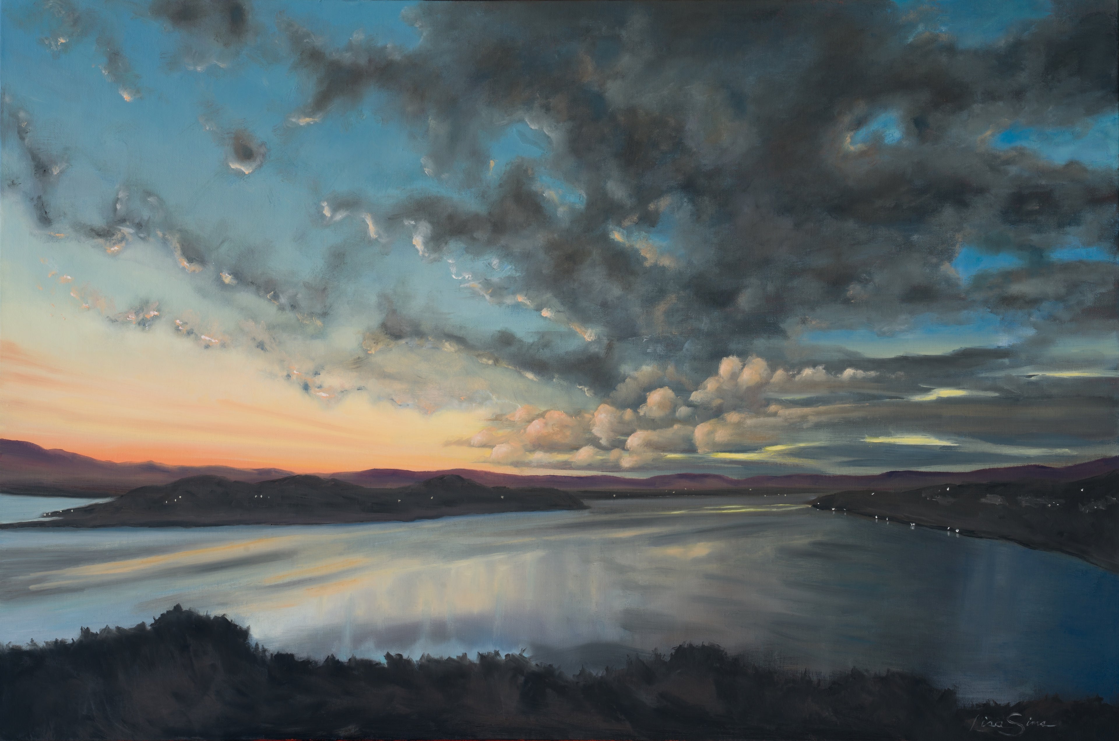 Oil painting of a lake at dusk with distant hills, reflective water, and clouds in warm and cool evening colors.