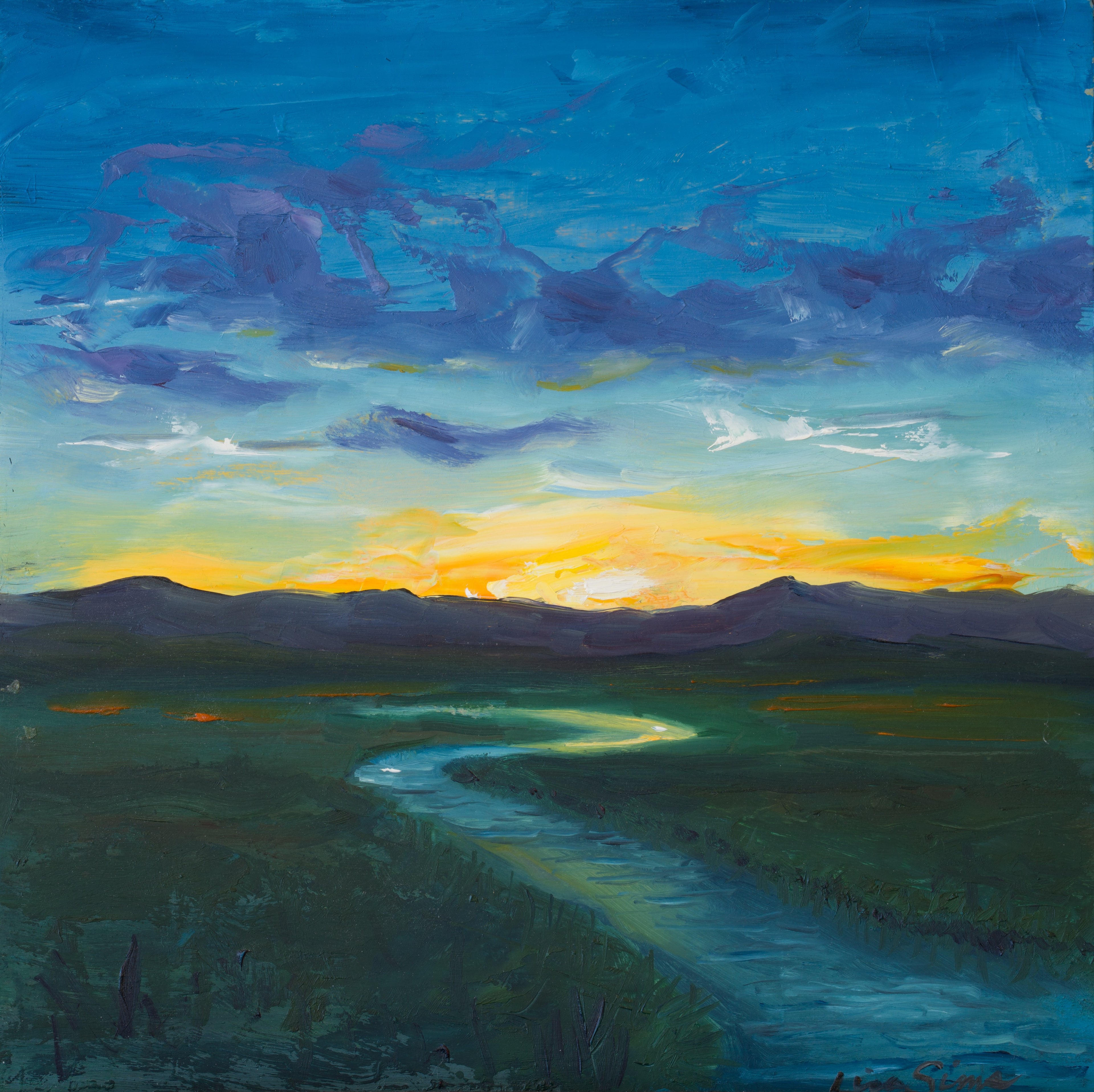 Oil painting of a winding river leading toward a glowing sunset with blue and gold sky and distant hills.