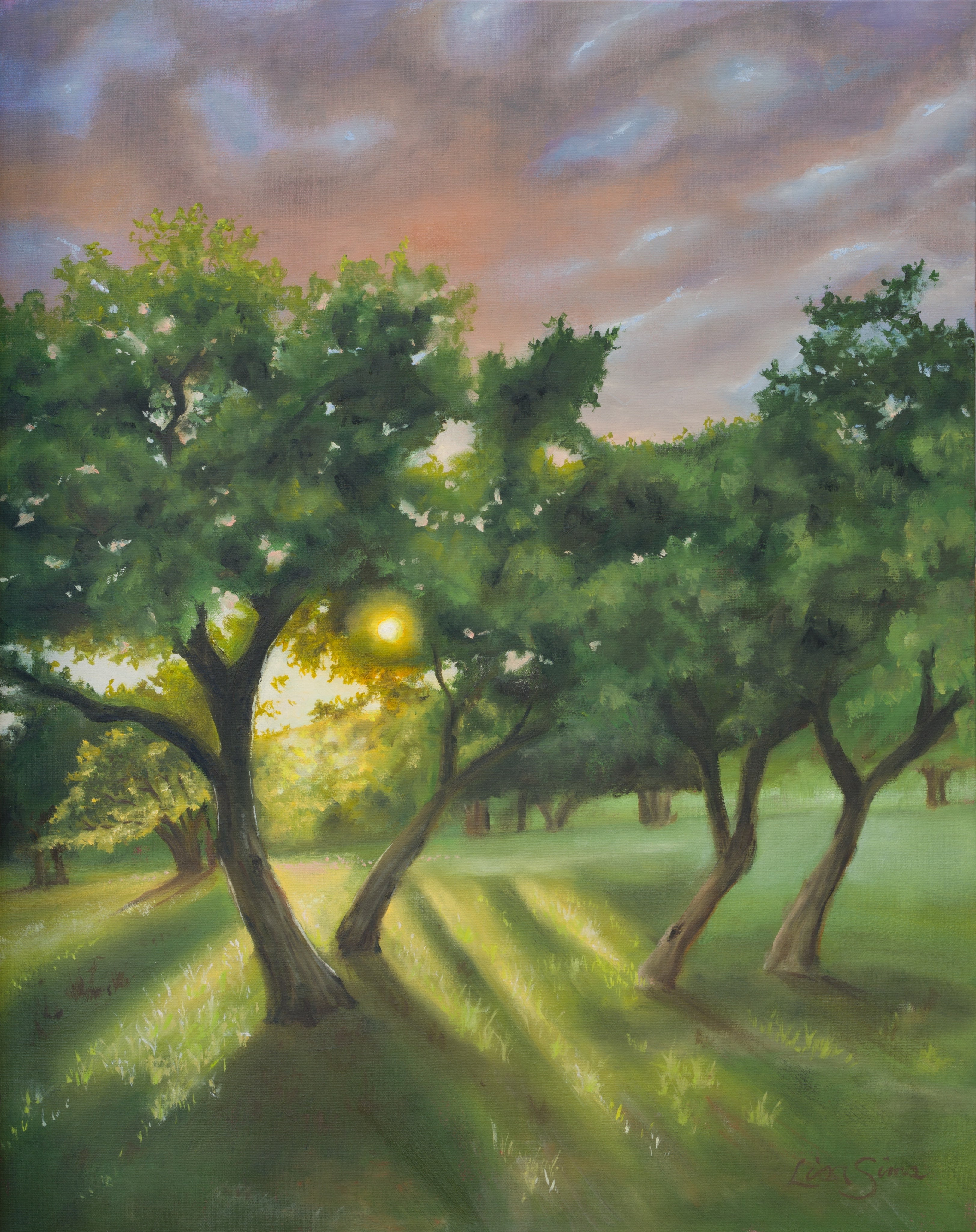 Oil painting of sunset light shining through trees with long shadows on grass and a soft evening sky in the background