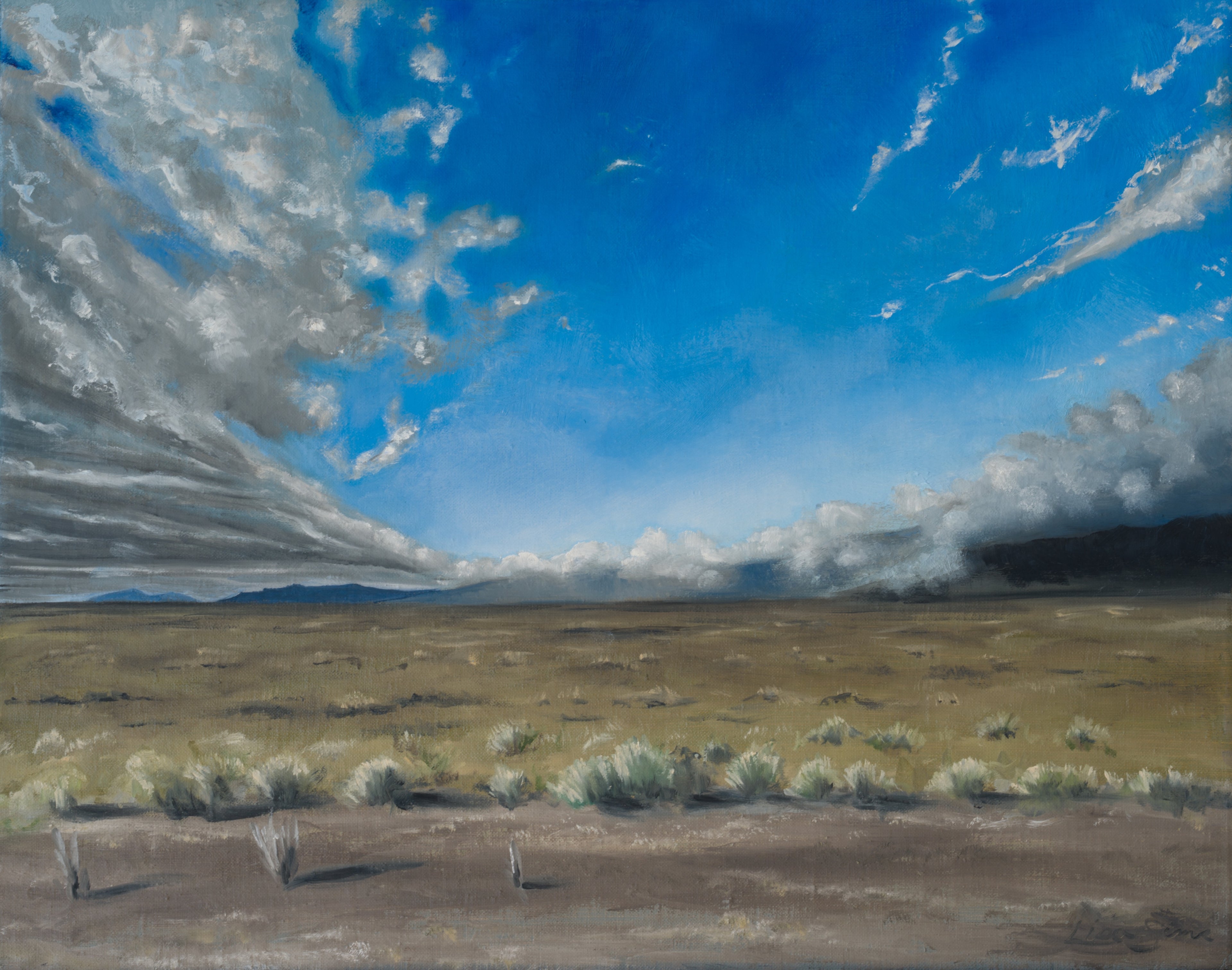 Oil painting of a high desert landscape with sagebrush, distant clouds, and a wide blue sky.