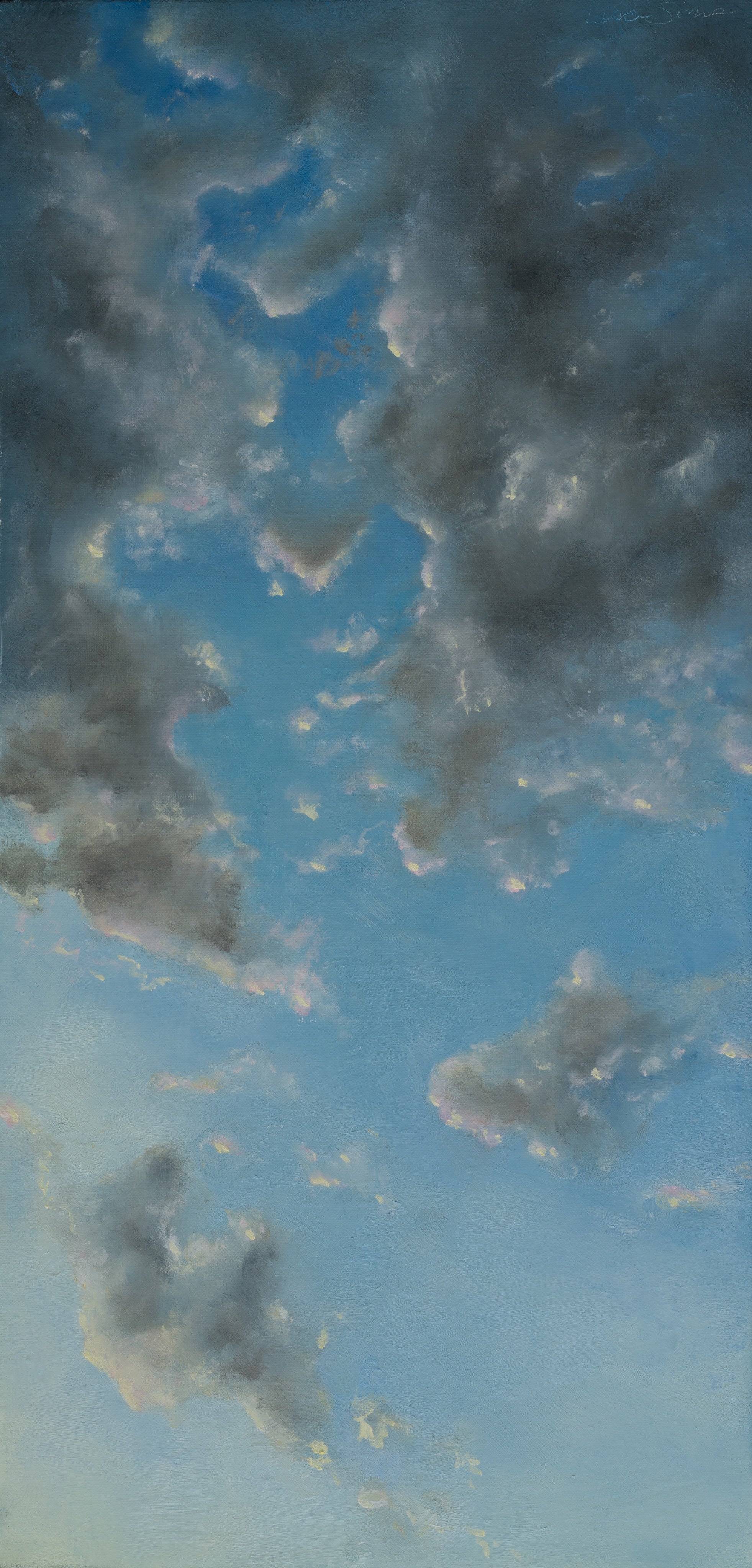 Oil painting of soft gray clouds drifting across a blue sky, with light breaking through.