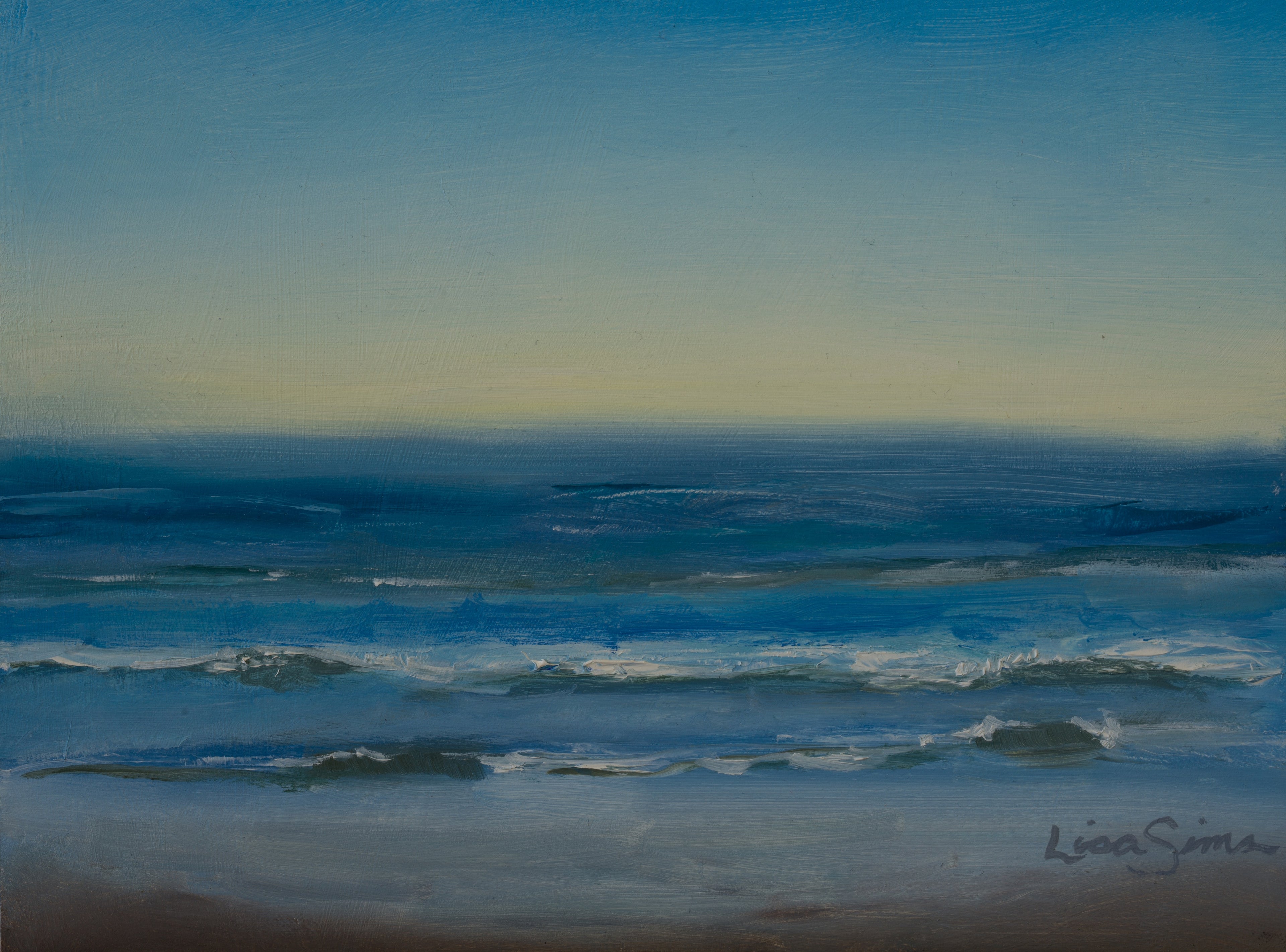 Oil painting of soft morning waves rolling toward the shore under a pale yellow and blue sky.
