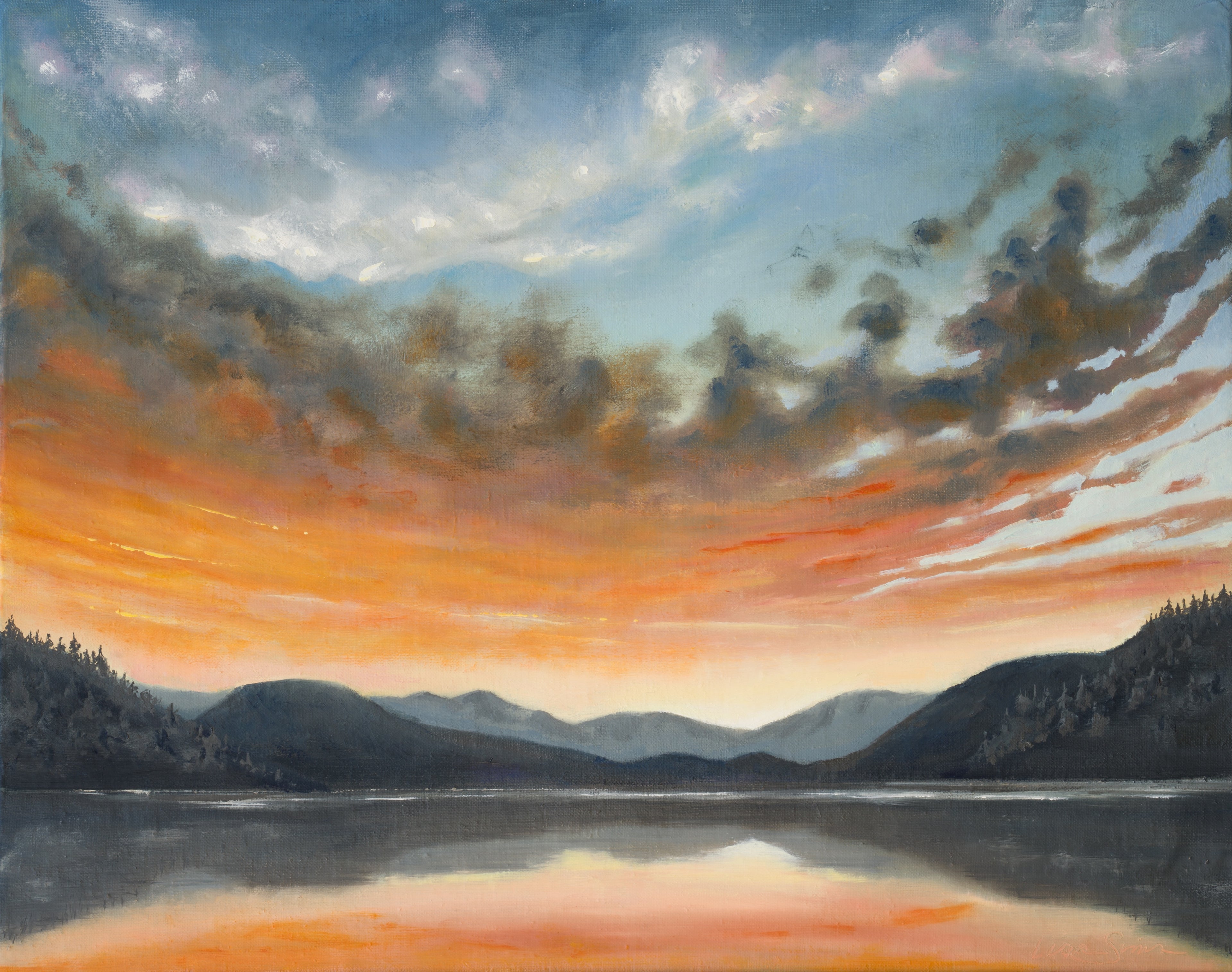 Oil painting of a calm lake at sunrise with orange and blue sky, low mountains, and reflections in the water.