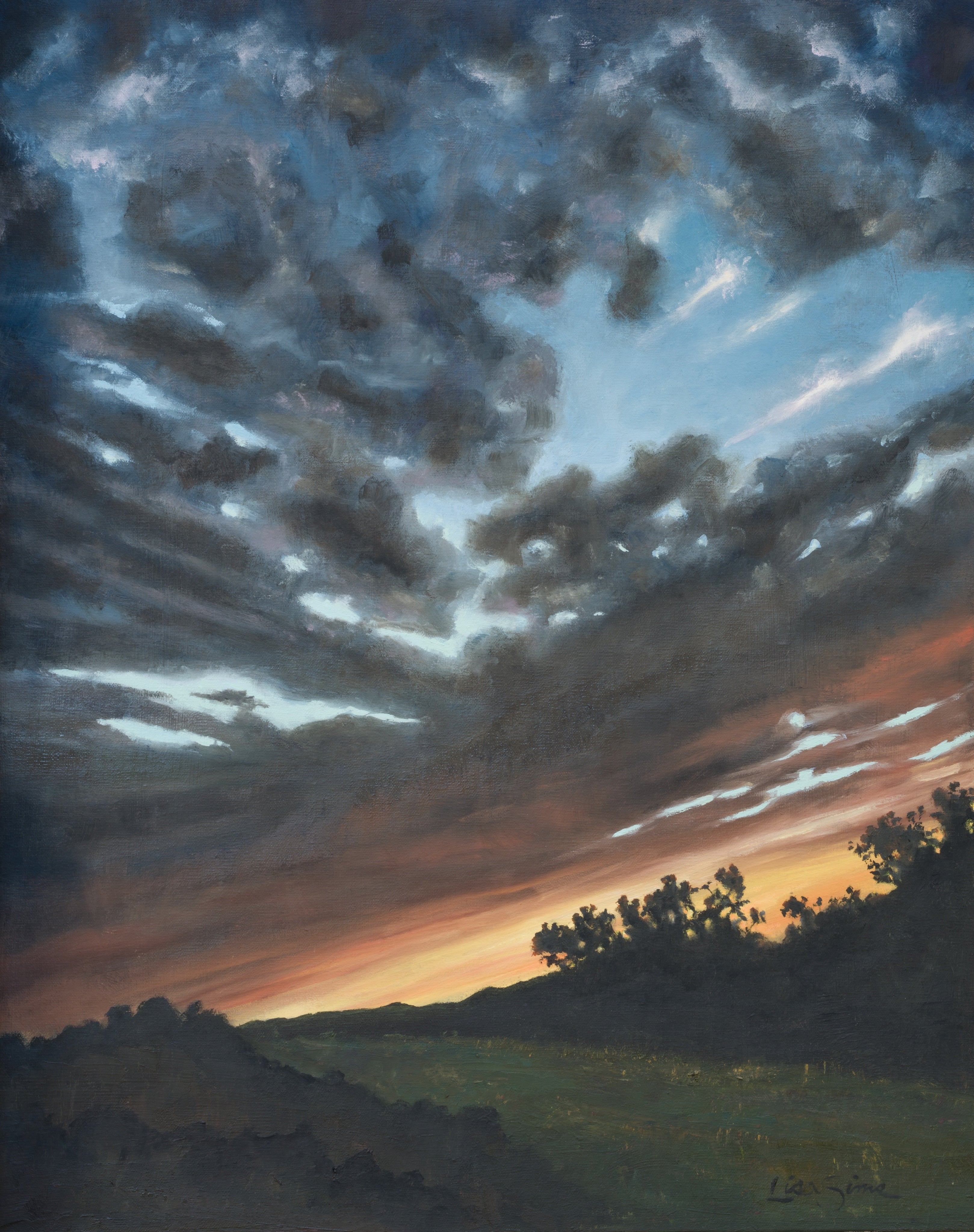 Landscape oil painting showing dramatic blue and gray storm clouds meeting an orange sunset horizon with tree silhouettes and grass.