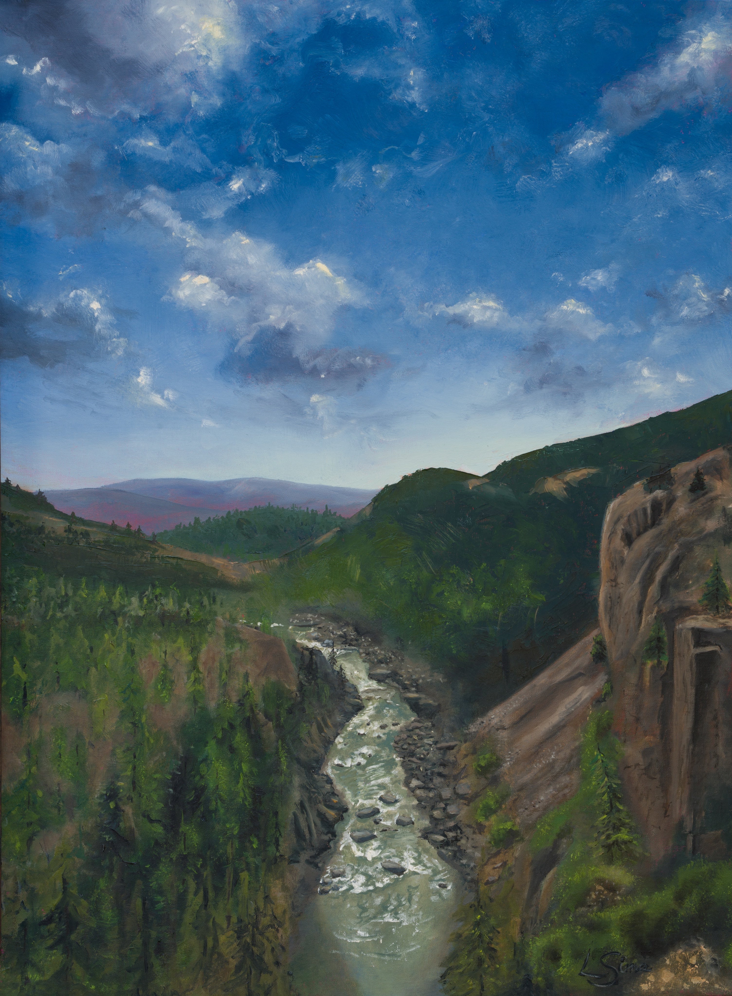 Oil painting of a river winding through a rocky canyon with forested slopes and a wide blue sky filled with soft clouds.